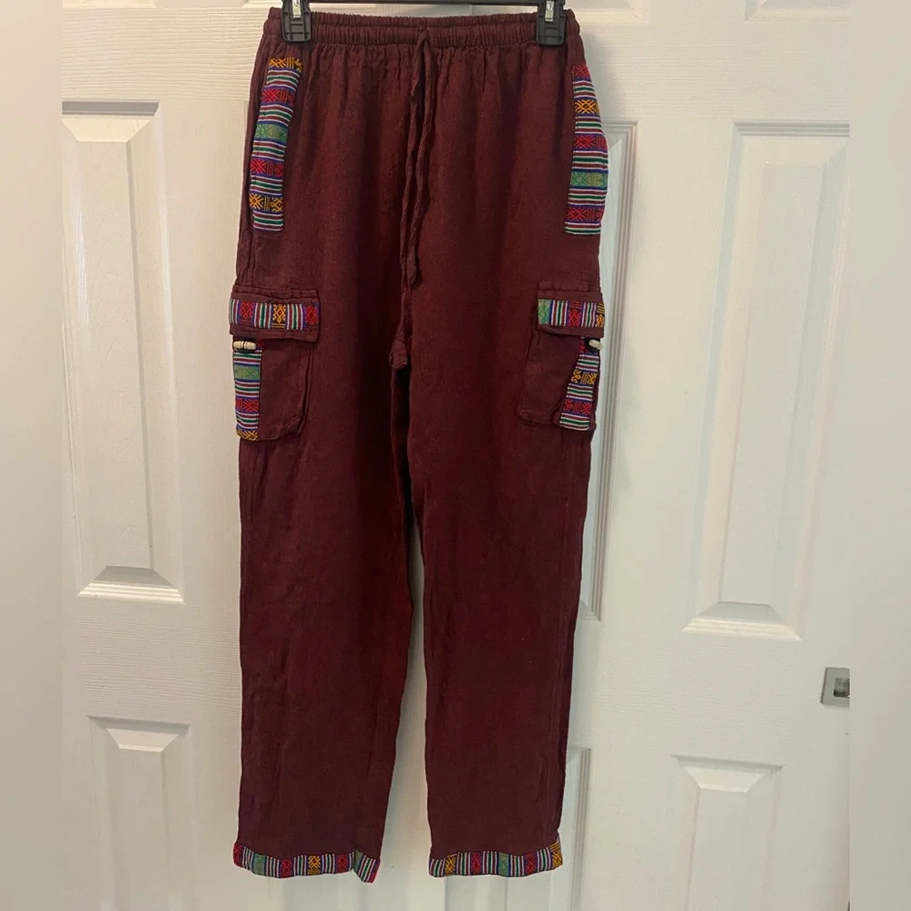 Unisex | Burgundy Embroidered Contrast Trim | Tibetan Cargo Pants | Shmedium - Picture 2 of 7